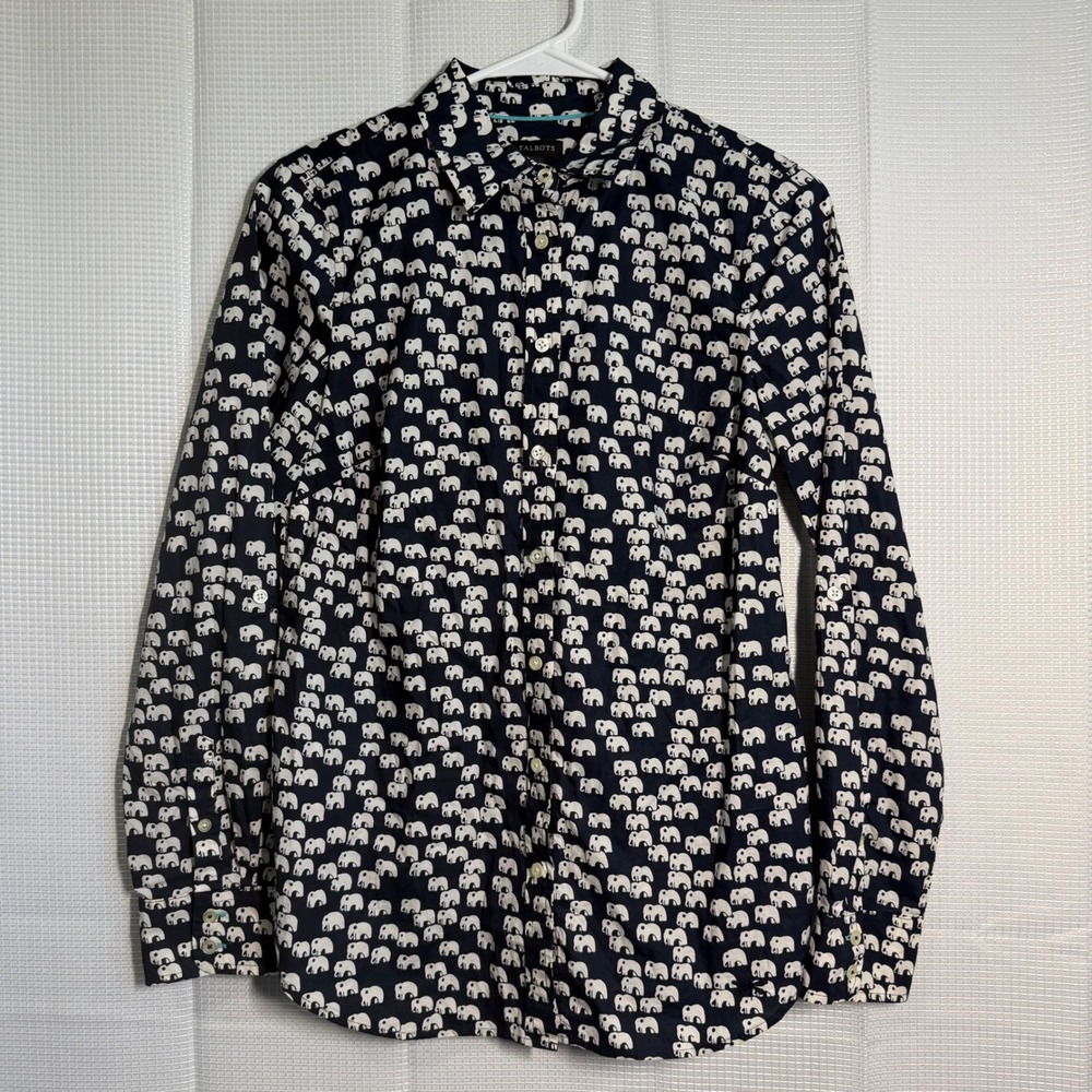 Talbots Button Down Shirt XS Navy‎ Blue Elephant Print Long Sleeve